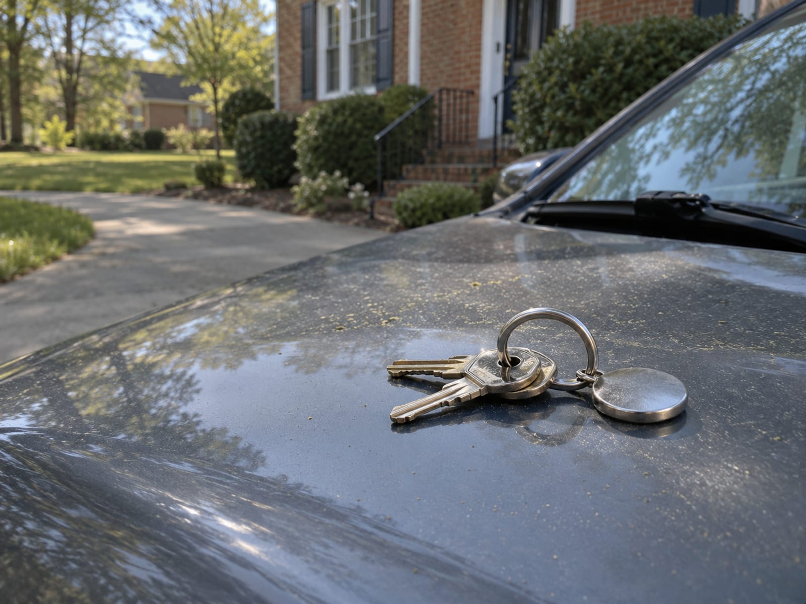 A set of car keys resting on a parked car in a driveway
