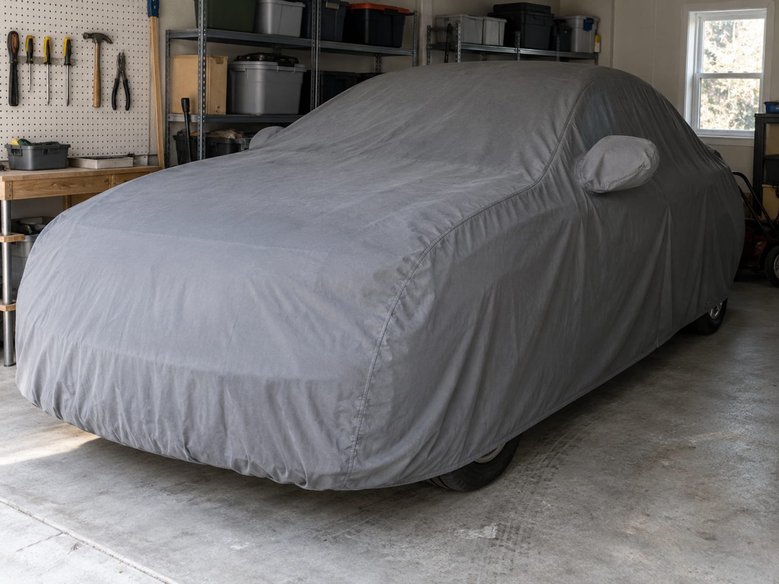 A car under a fitted cloth cover in a tidy home garage