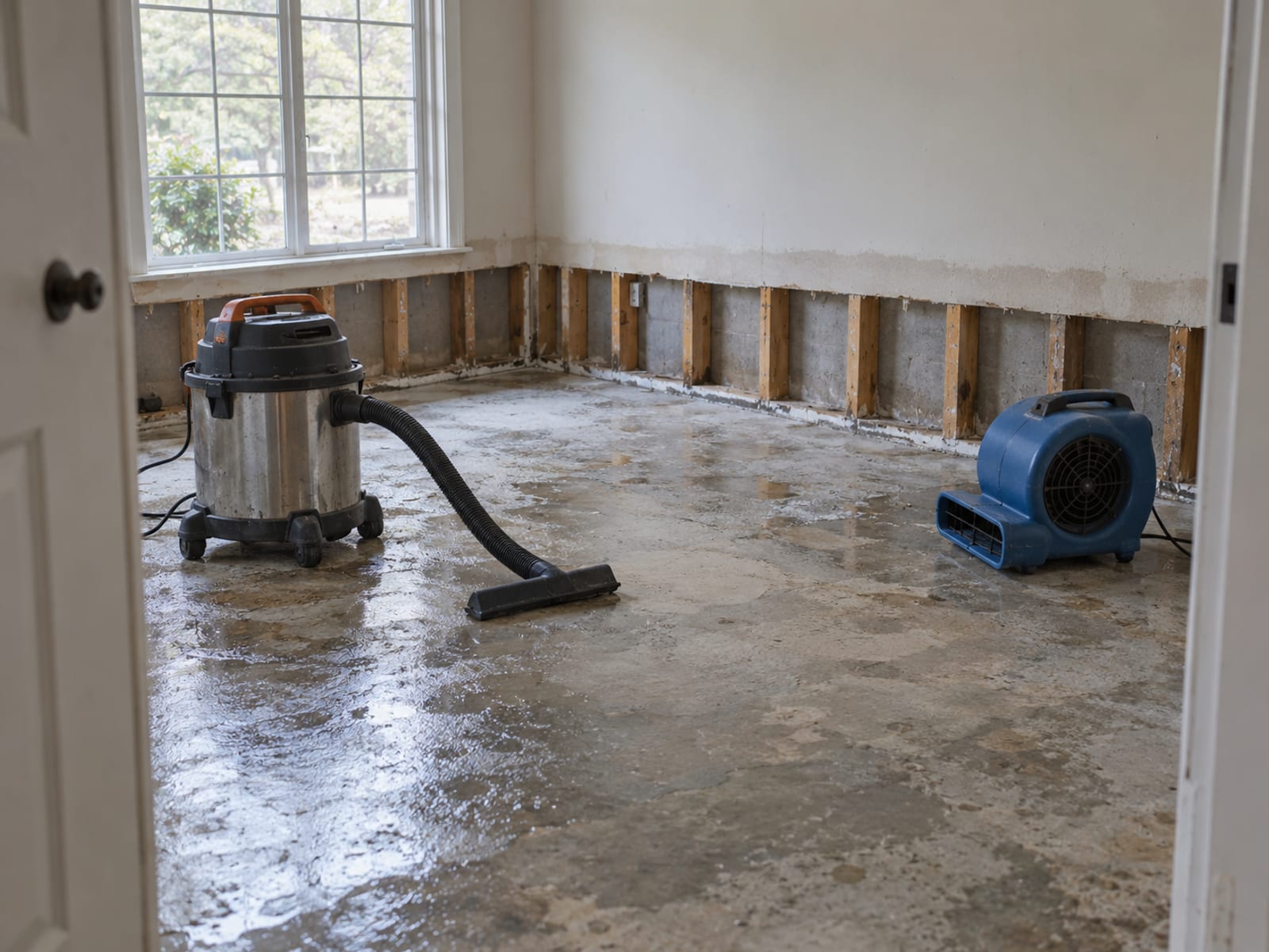 Un cuarto de sótano vacío con el piso de concreto húmedo, una aspiradora de líquidos y un ventilador secando las paredes