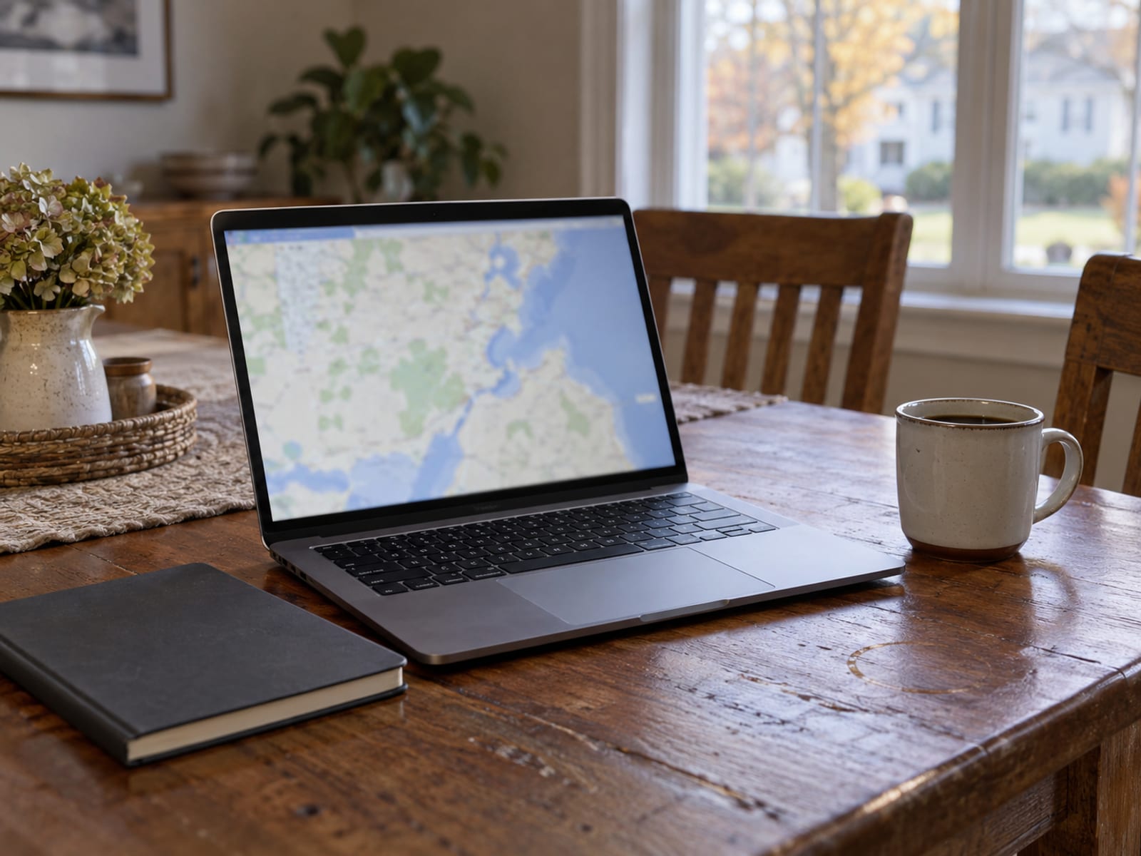 Una laptop abierta sobre la mesa de una cocina junto a un contorno de mapa en papel en blanco, una pluma y una taza de café