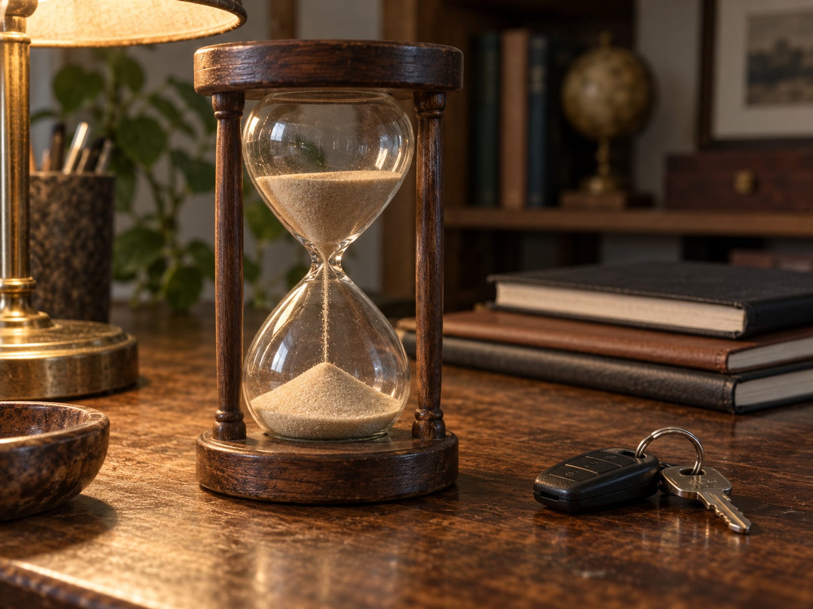 Un reloj de arena sobre un escritorio de madera junto a unas llaves de auto