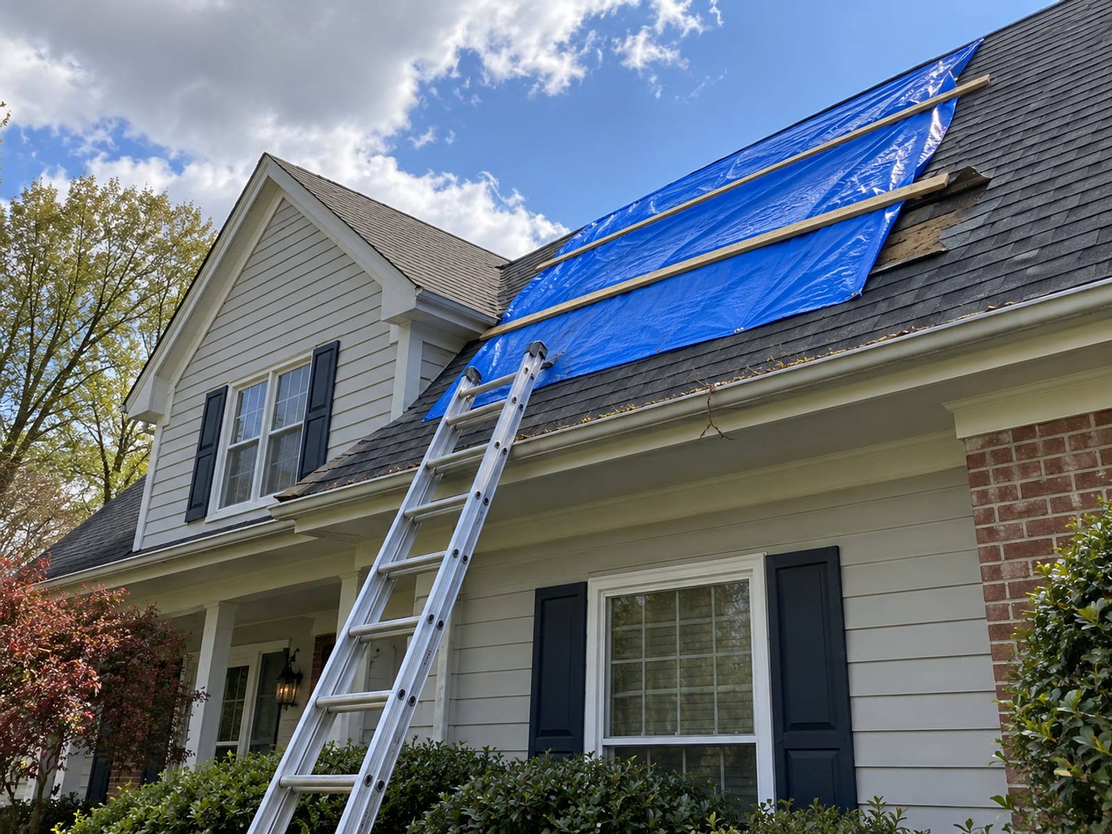 A tarp tied over part of a shingled roof with a ladder leaning against the house