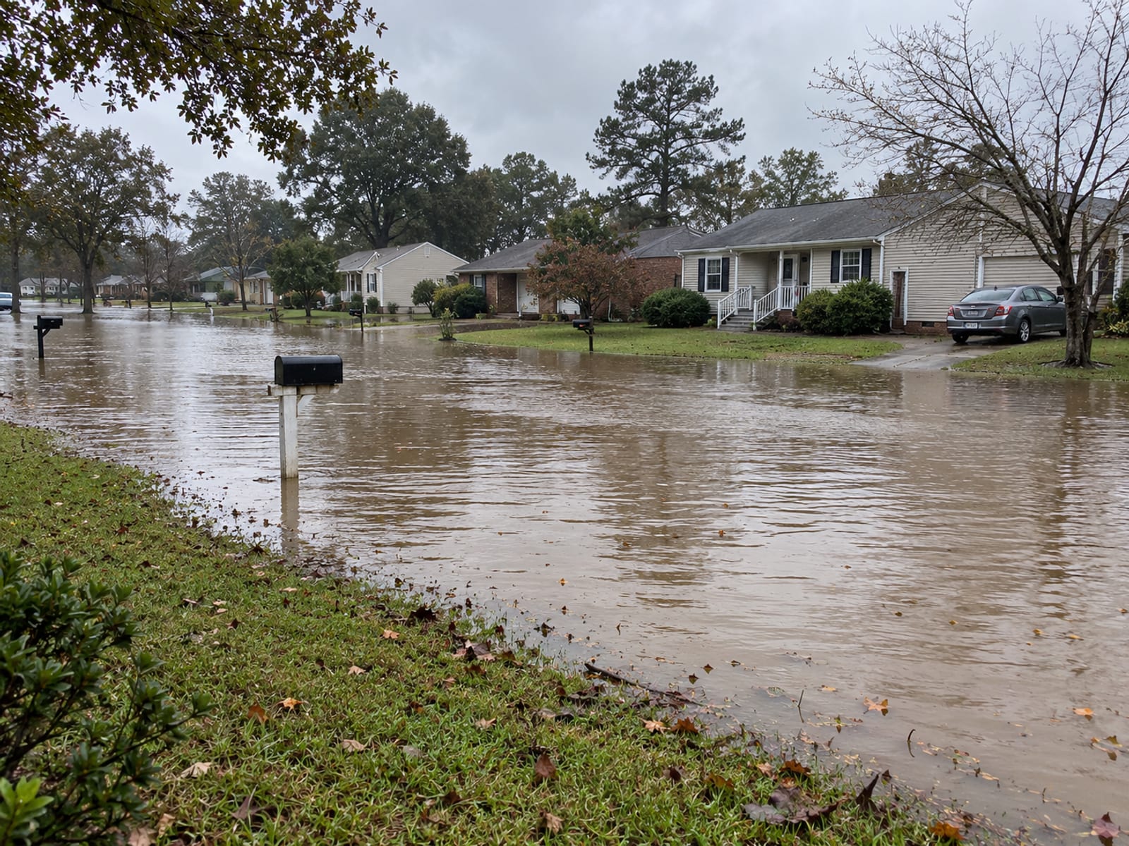 Standing water covering a residential street and front yards after heavy rain