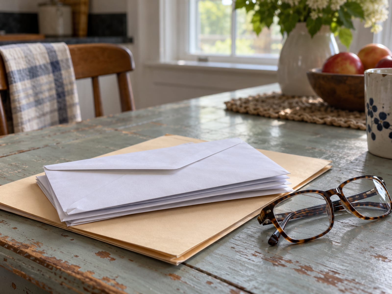 Una pila de sobres cerrados y una carpeta sobre la mesa de la cocina junto a unos lentes de lectura