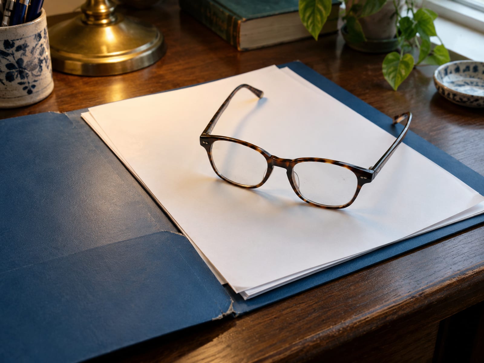 Una carpeta con papeles en blanco y unos lentes de lectura sobre un escritorio de madera