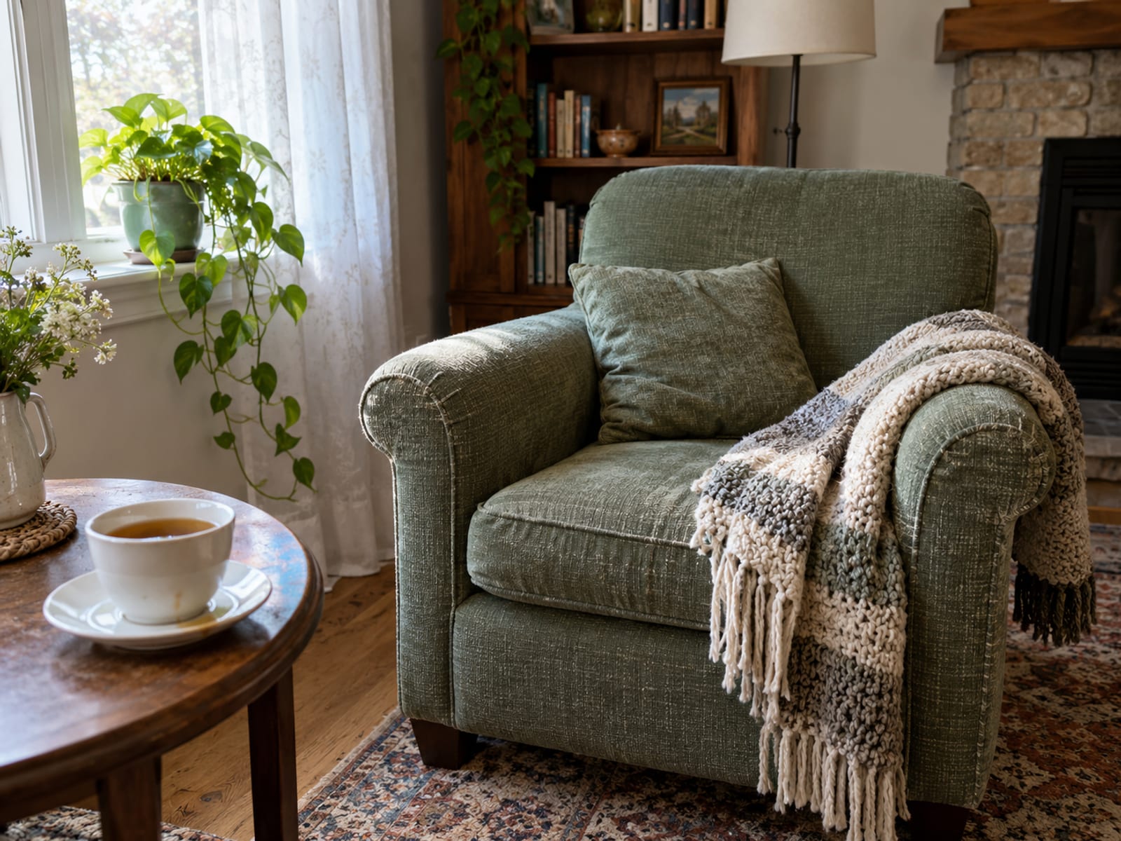 Un sillón con una manta doblada junto a una ventana y una taza de té en una mesita