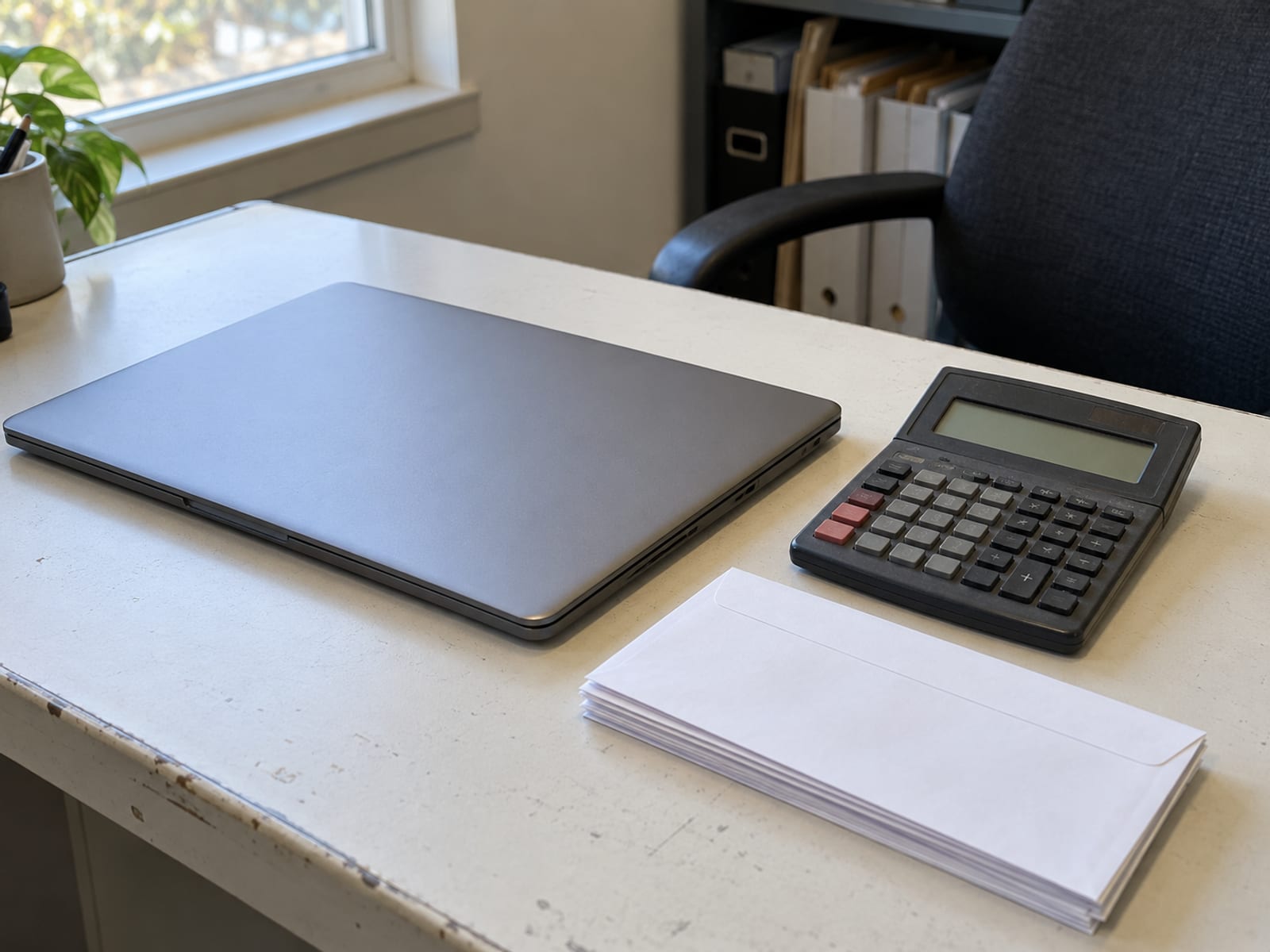 Un escritorio con una laptop cerrada, una calculadora y una pila pequeña de sobres lisos