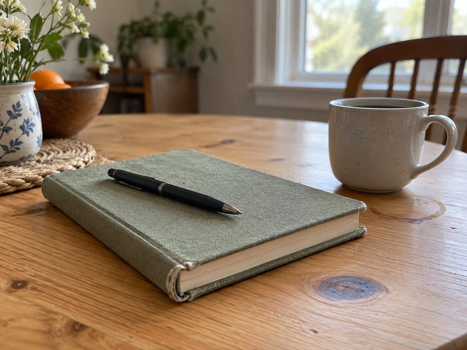 Una mesa de cocina con una agenda cerrada, un bolígrafo y una taza bajo la luz suave de la mañana