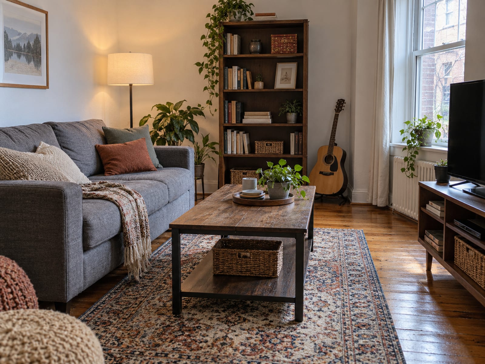 Una sala de apartamento amueblada con un sofá, un librero, una laptop y una bicicleta junto a la pared