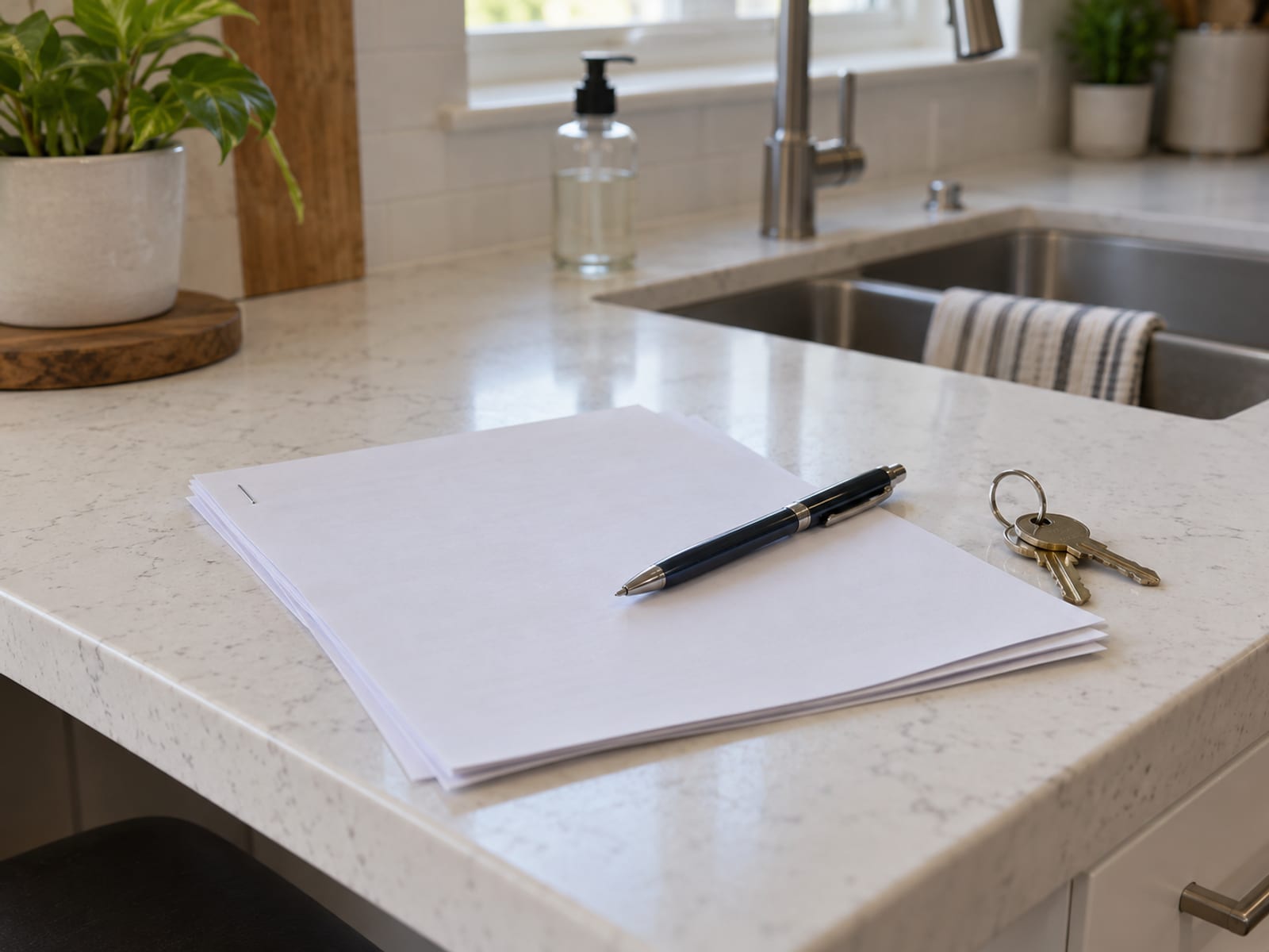 Un contrato de arrendamiento en blanco y una pluma sobre la barra de una cocina junto a un juego de llaves