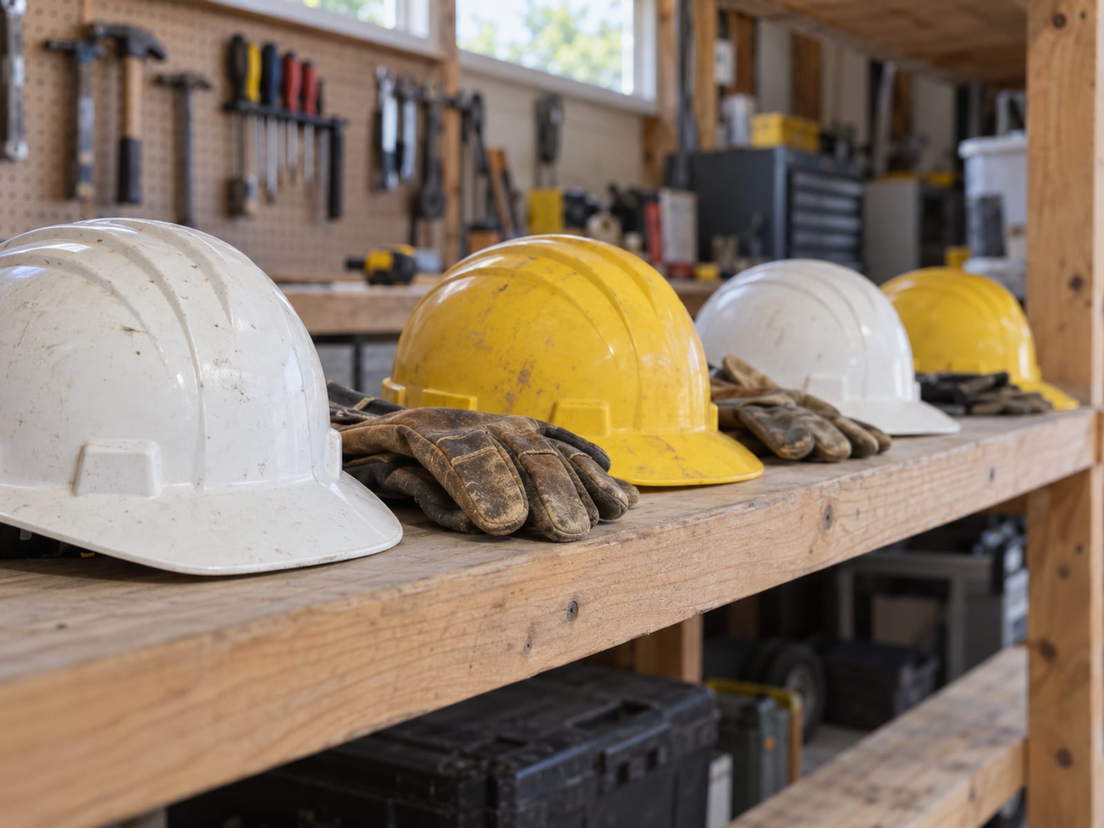 Una fila de cascos y guantes de trabajo en un estante de un taller ordenado