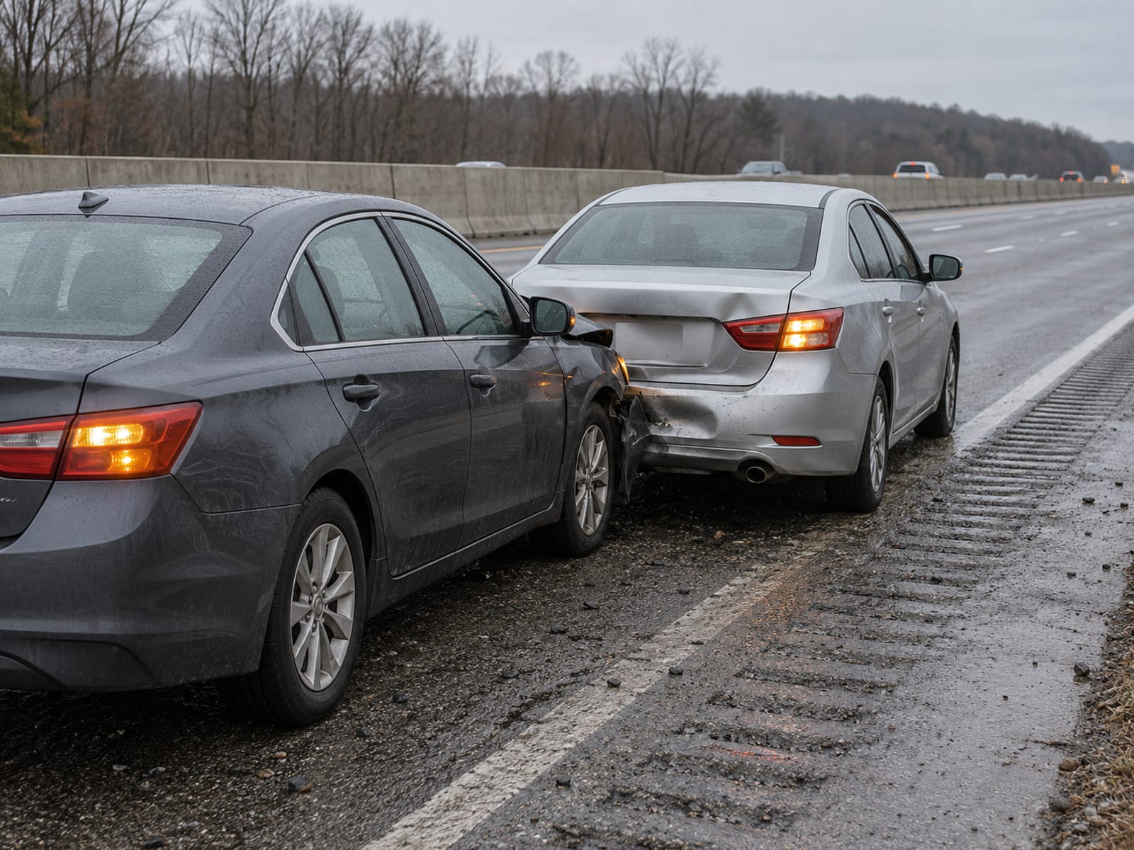 Dos autos detenidos en el acotamiento de una autopista después de un choque leve por alcance
