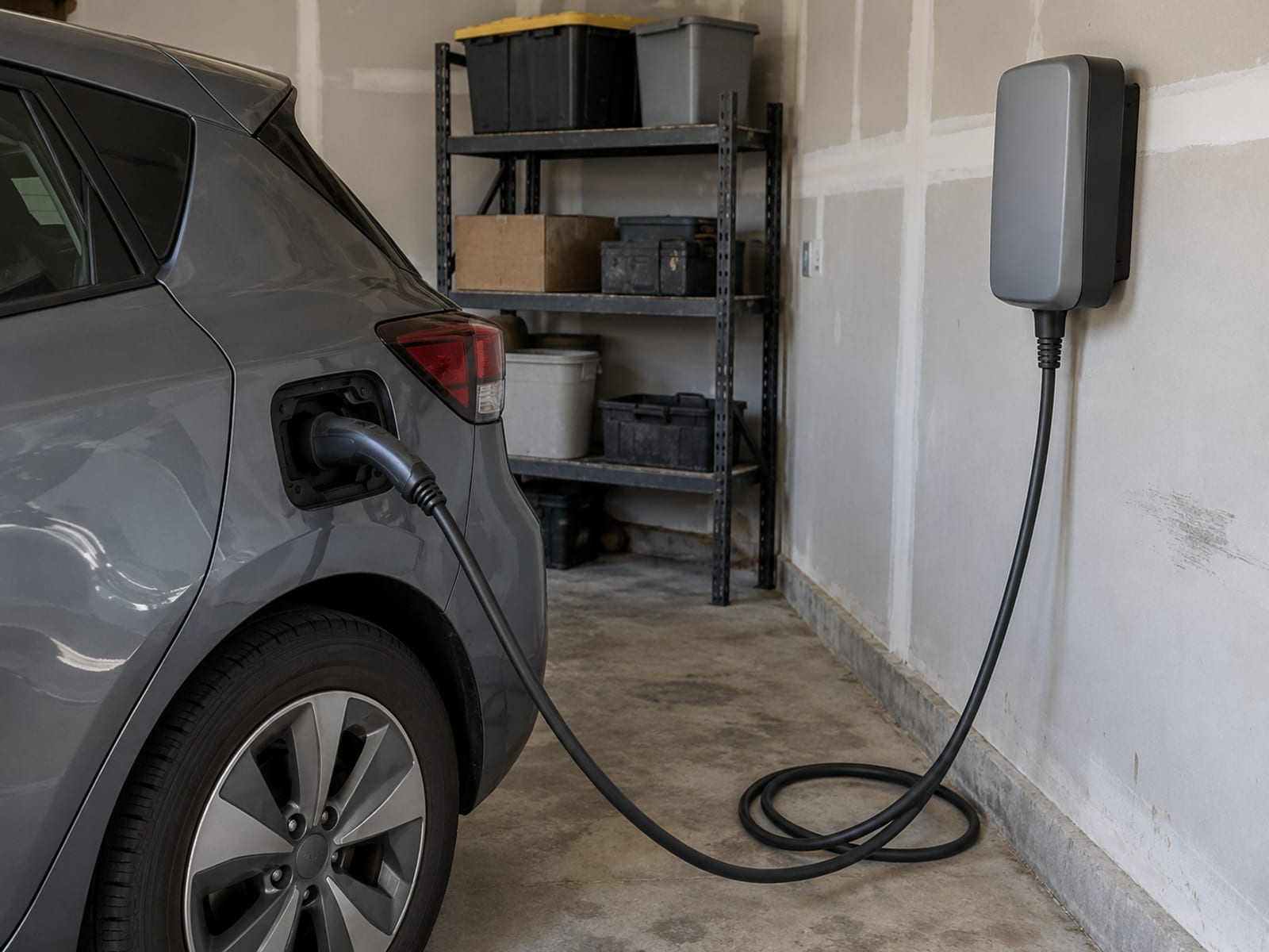 Un auto eléctrico conectado a un cargador de pared en un garaje residencial