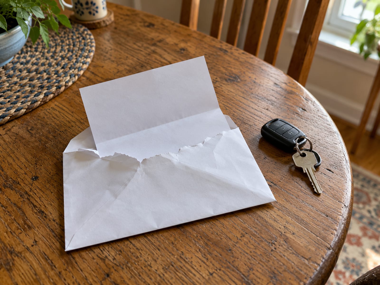 Un sobre abierto y una hoja doblada sobre una mesa de cocina junto a unas llaves de auto
