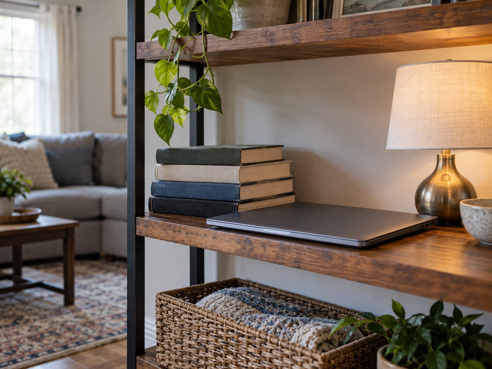 A laptop, a lamp and a stack of books on a living room shelf in soft daylight