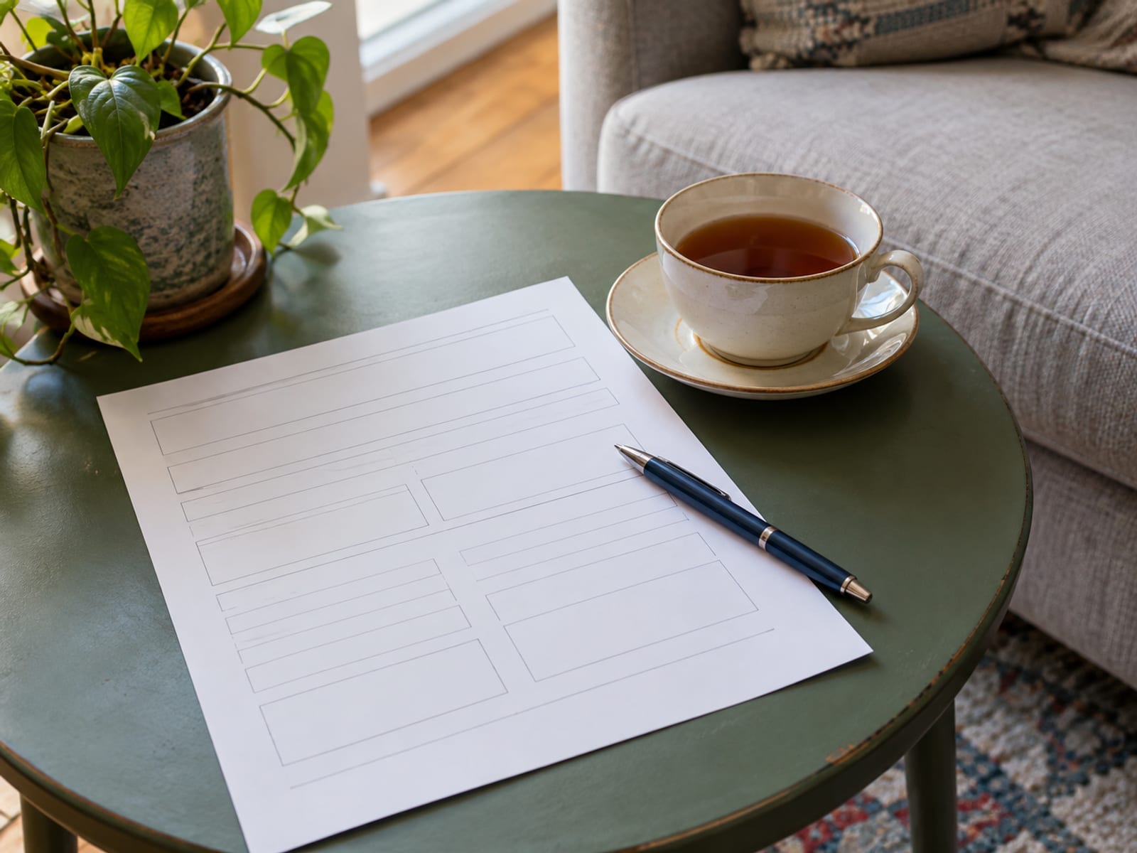 A blank policy summary page beside a pen and a cup of tea on a small table