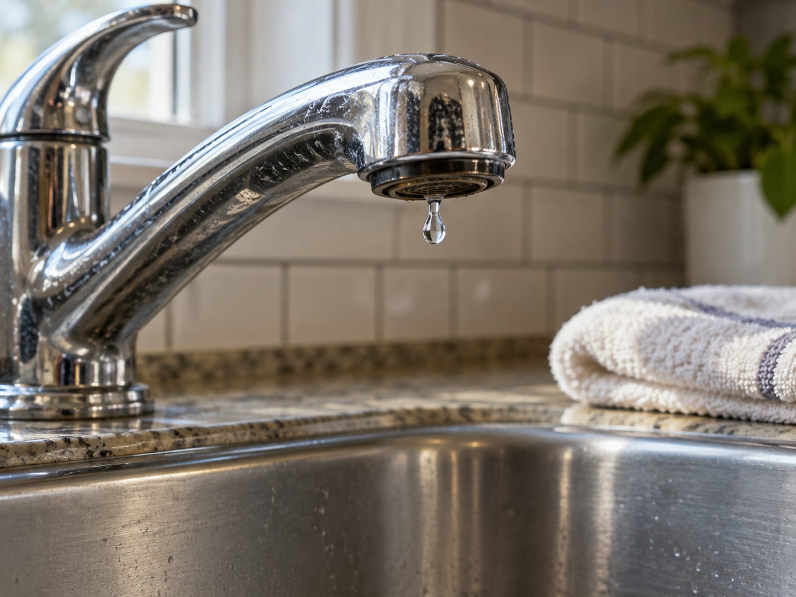 A dripping kitchen faucet over a sink with a folded towel on the counter