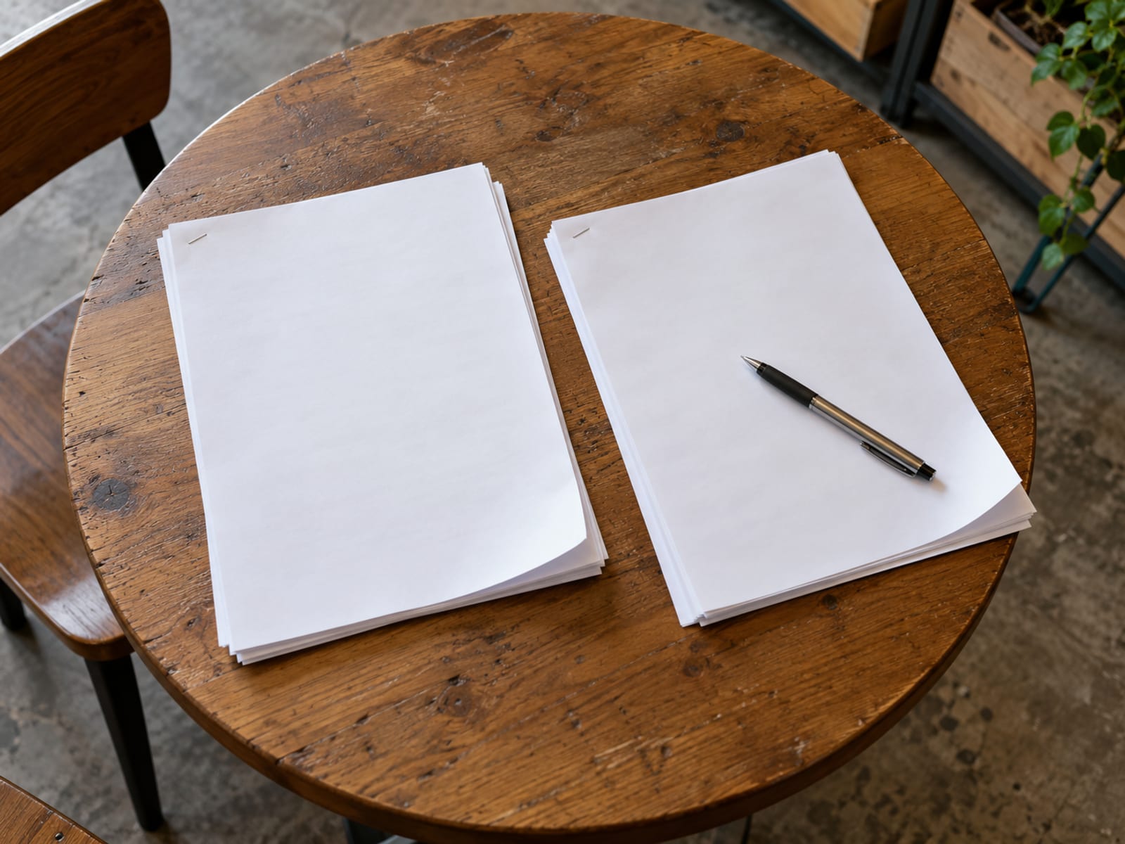 A lease and a contract lying side by side on a desk with a pen on top, all pages blank
