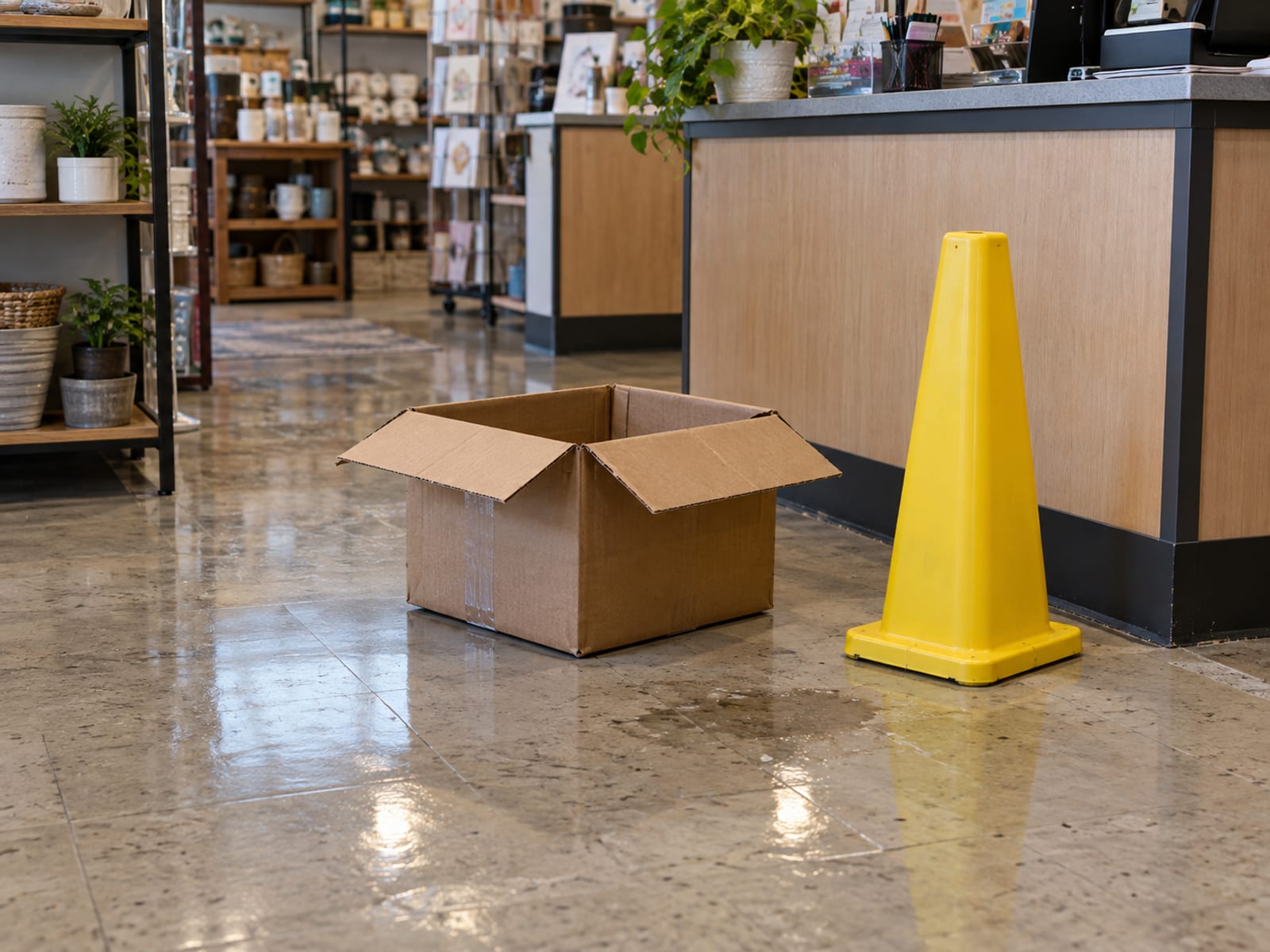 A service counter in a tidy shop with a dropped box of small items and a wet-floor cone beside it
