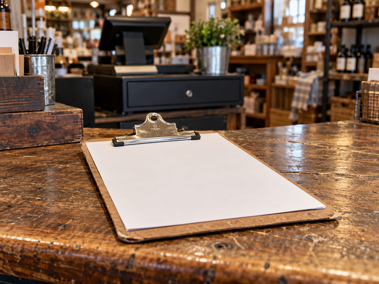 A small shop counter with a blank clipboard and a closed cash drawer in soft daylight