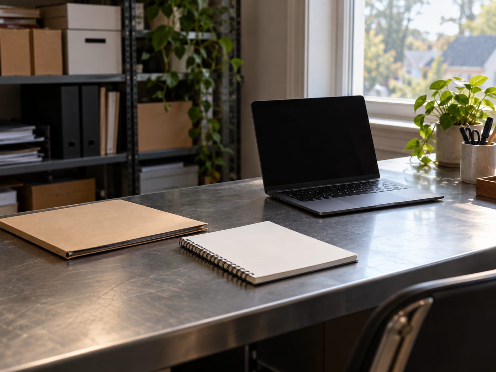 A tidy desk with a blank notepad, a folder and a laptop, ready for a coverage conversation