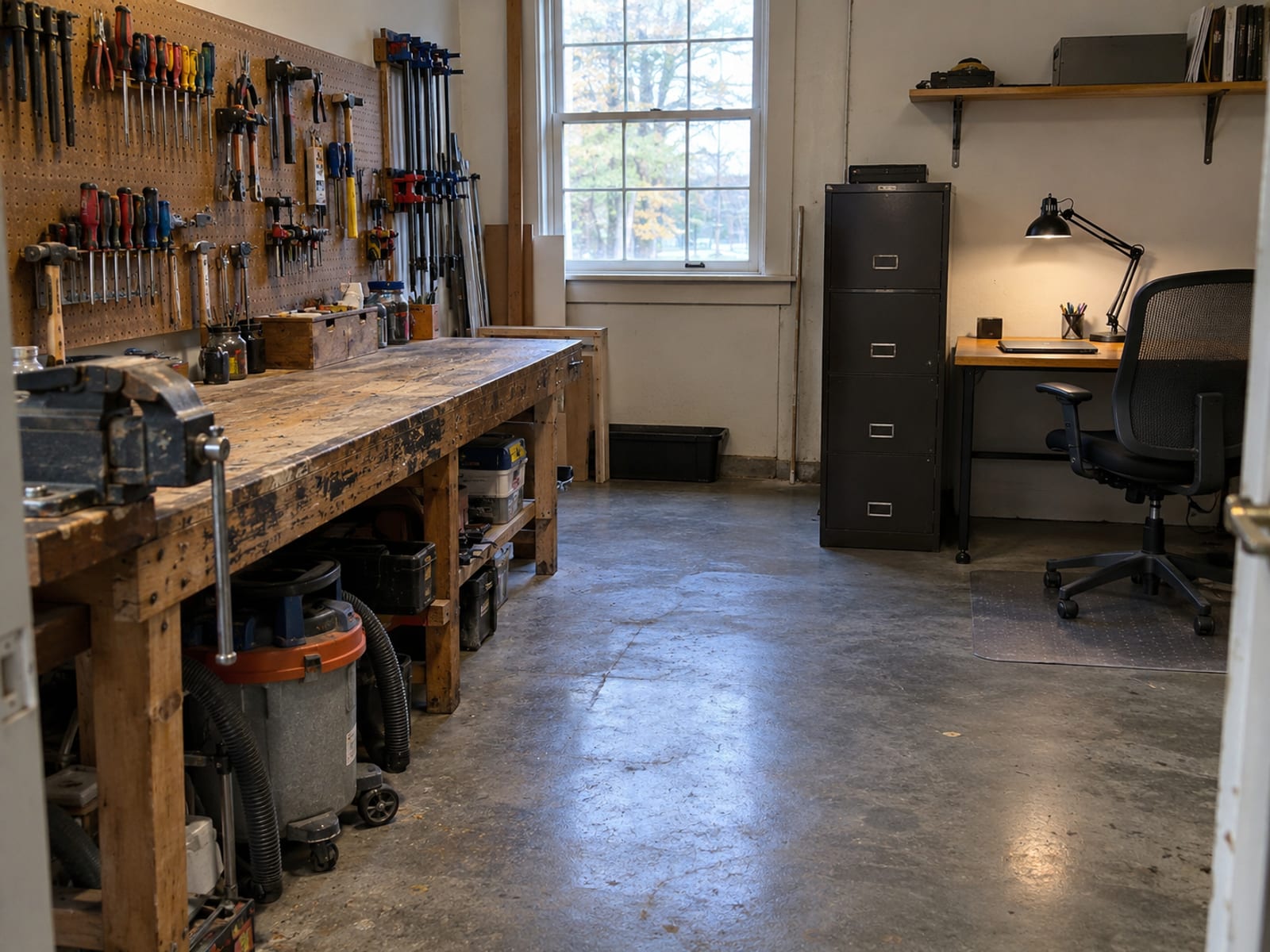 An empty workshop with a workbench and tools on one side and a small office desk on the other