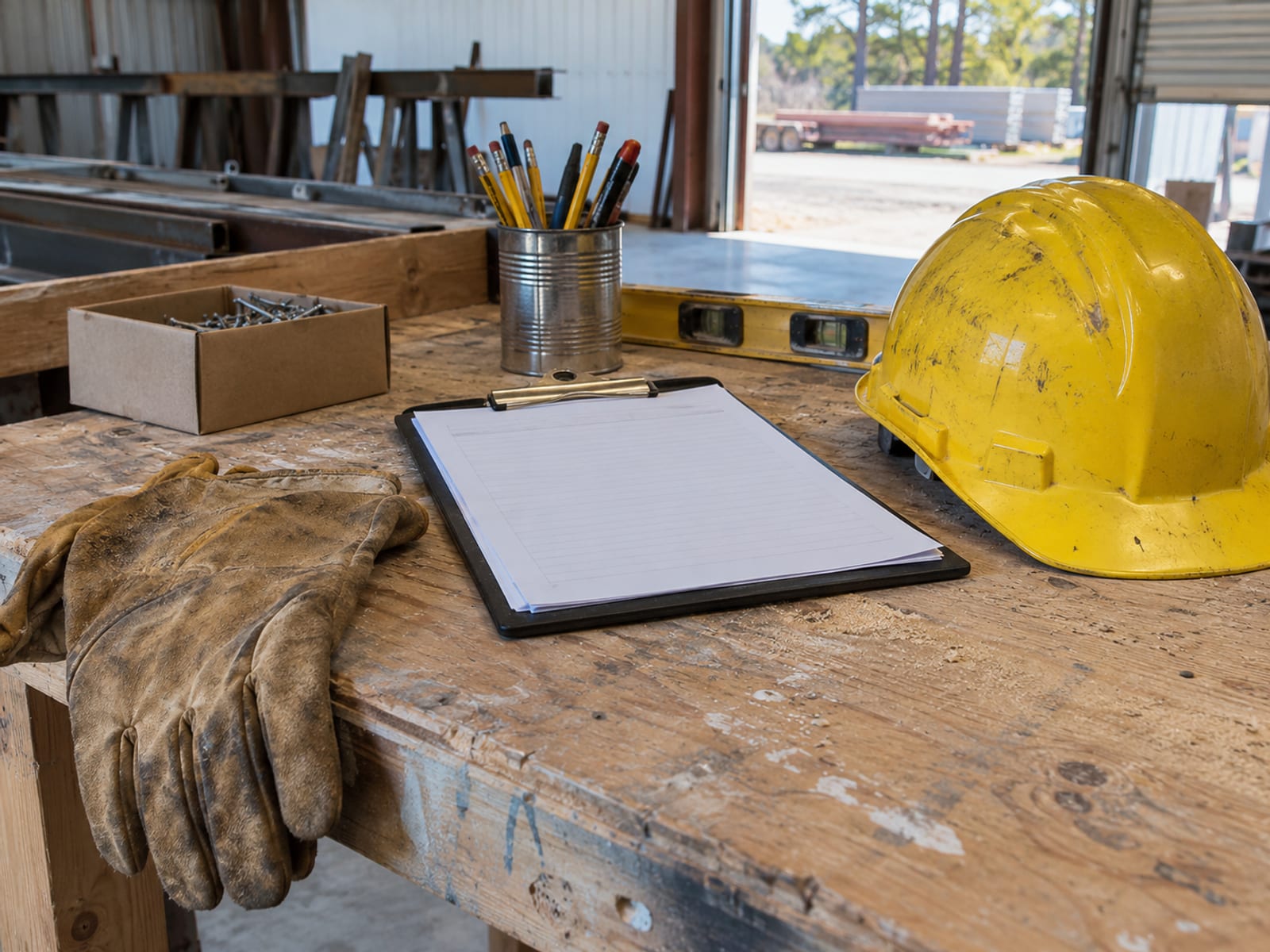 A contractor's clipboard with blank forms resting on a workbench beside a hard hat and gloves