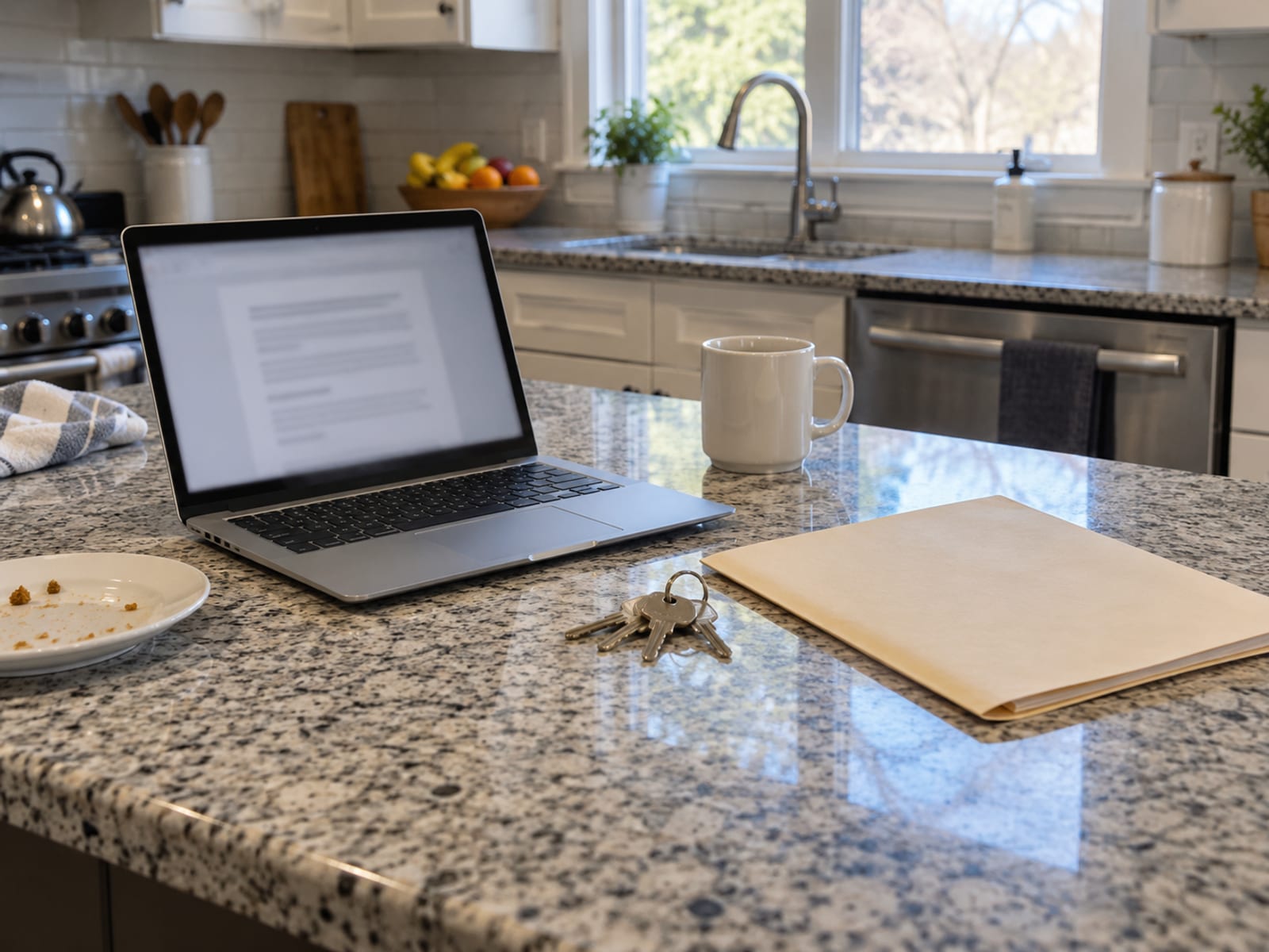 A laptop with a blurred document page on a kitchen island beside keys and a closed folder