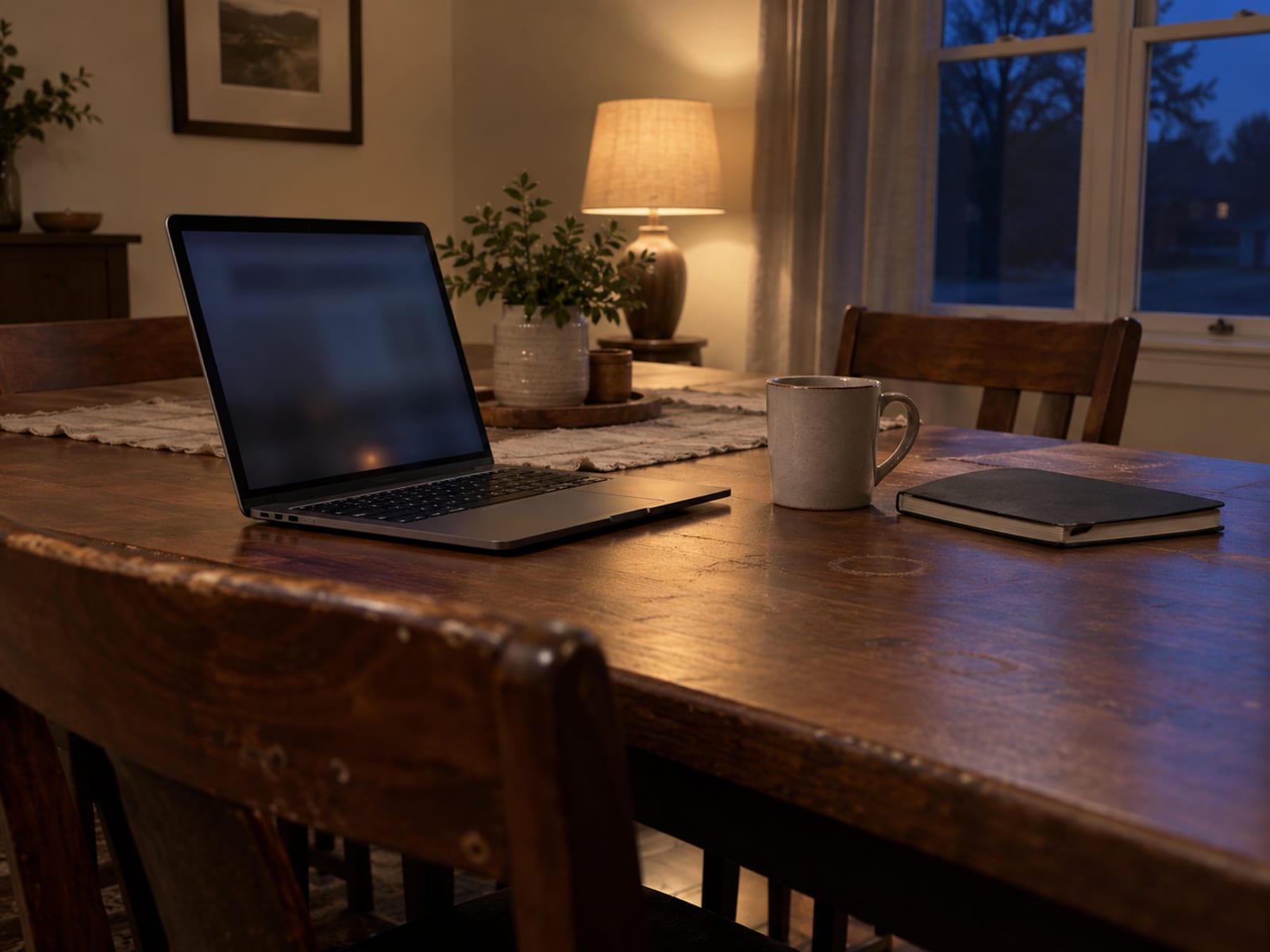 A laptop with a dim screen on a dining table beside a mug and a closed notebook