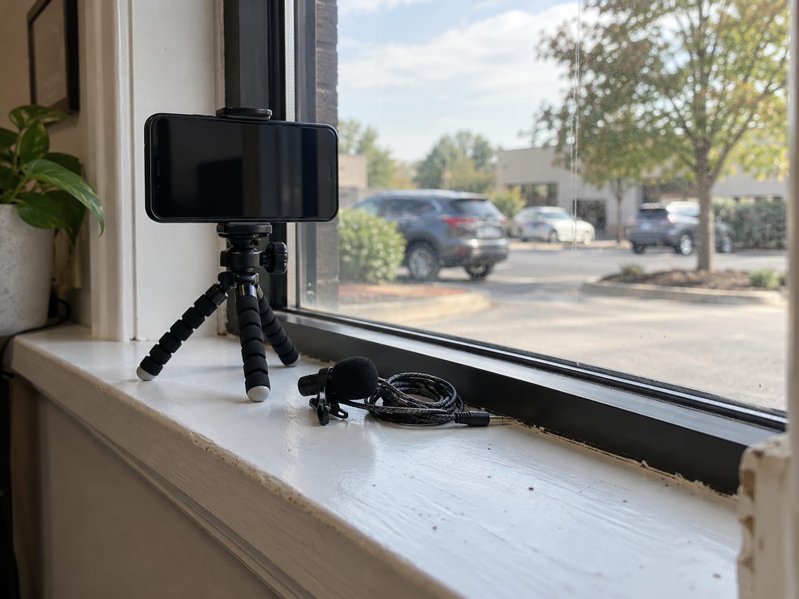 A phone on a small tripod on a windowsill with a clip-on microphone beside it