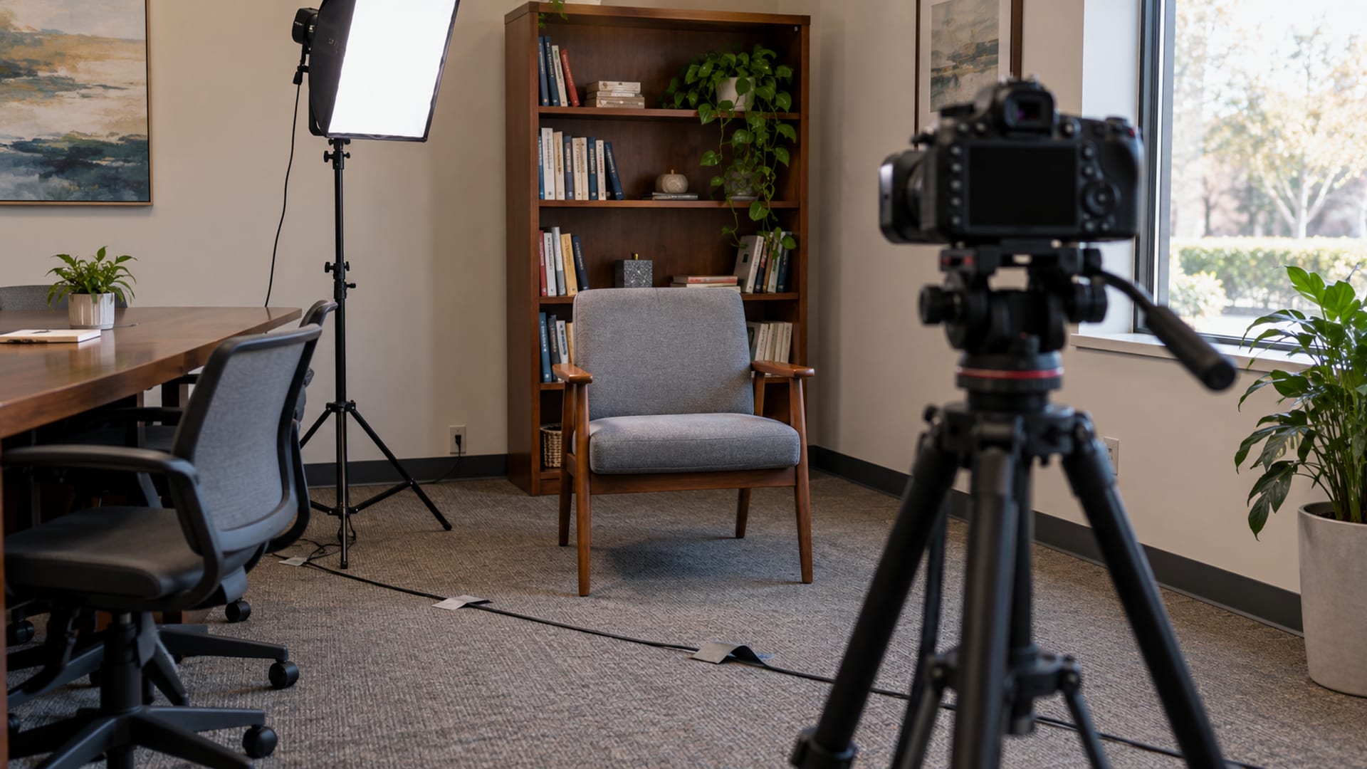 A camera on a tripod facing an empty chair in a small meeting room, a light panel beside it