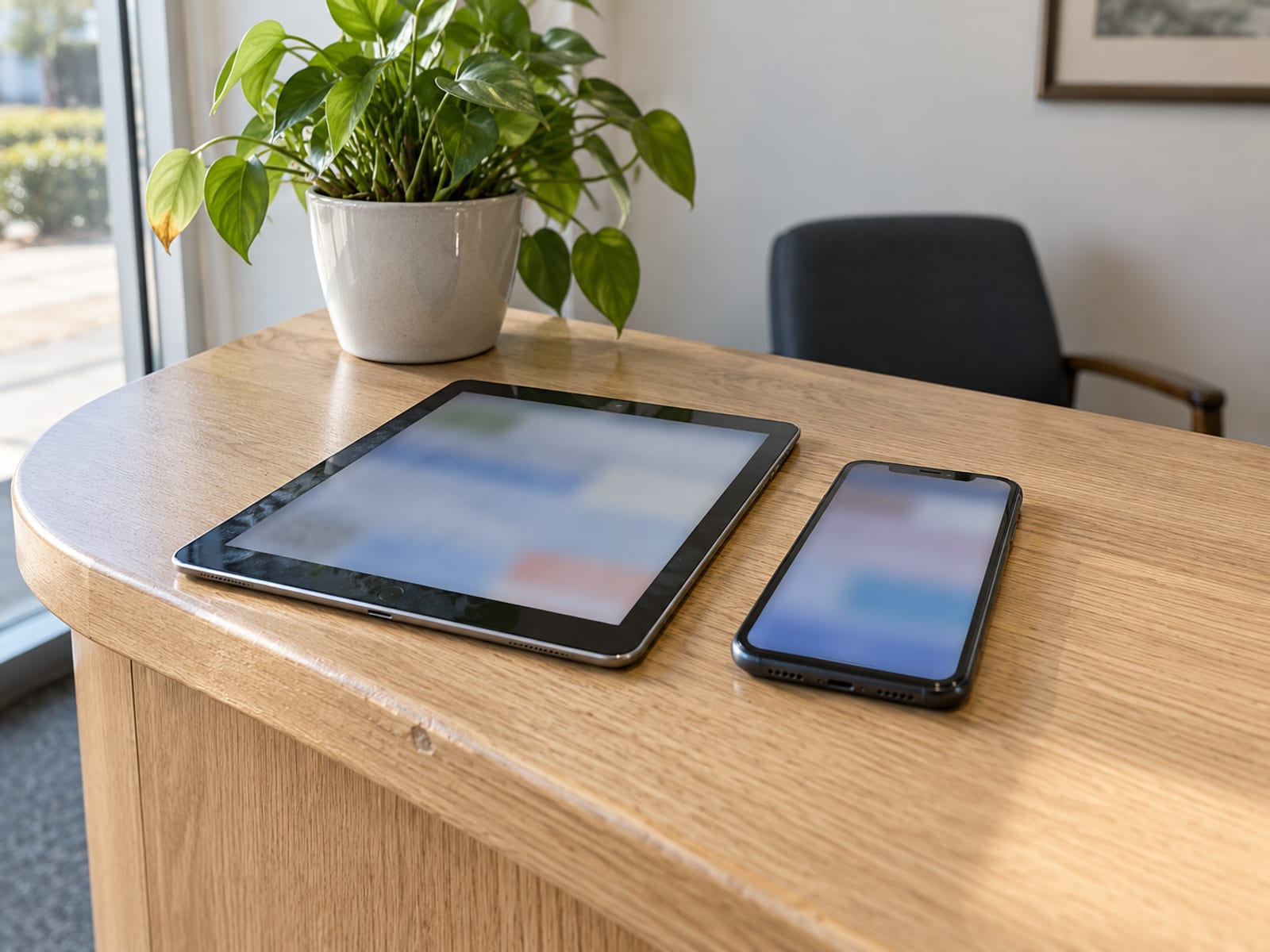 A tablet and a phone with blurred screens on a wooden reception counter